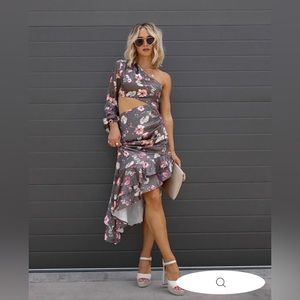 BREATHTAKING VIEW SATIN FLORAL CUTOUT RUFFLE MIDI DRESS